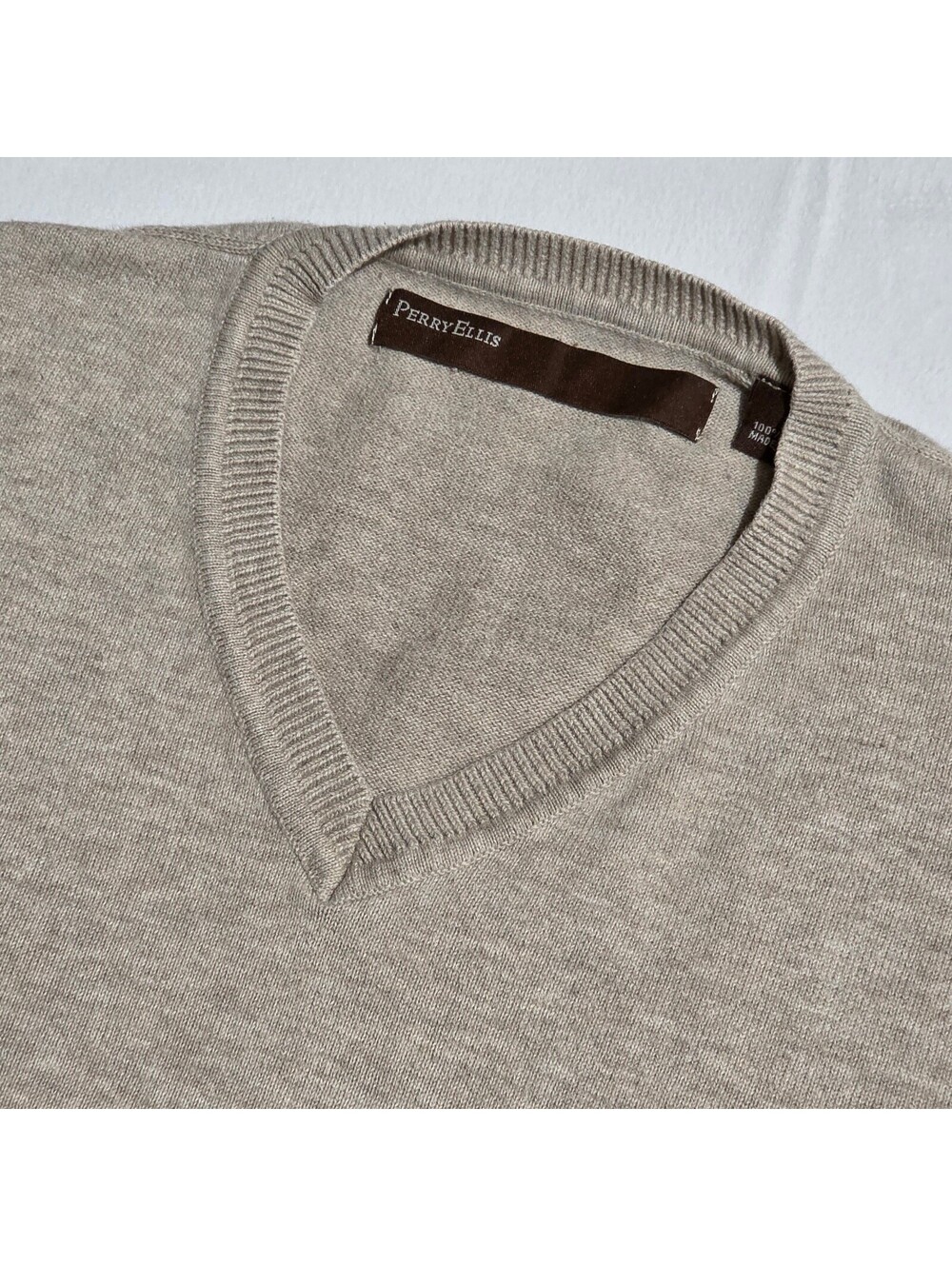 Perry Ellis Beige Cotton V-Neck Sweater Vest Medium